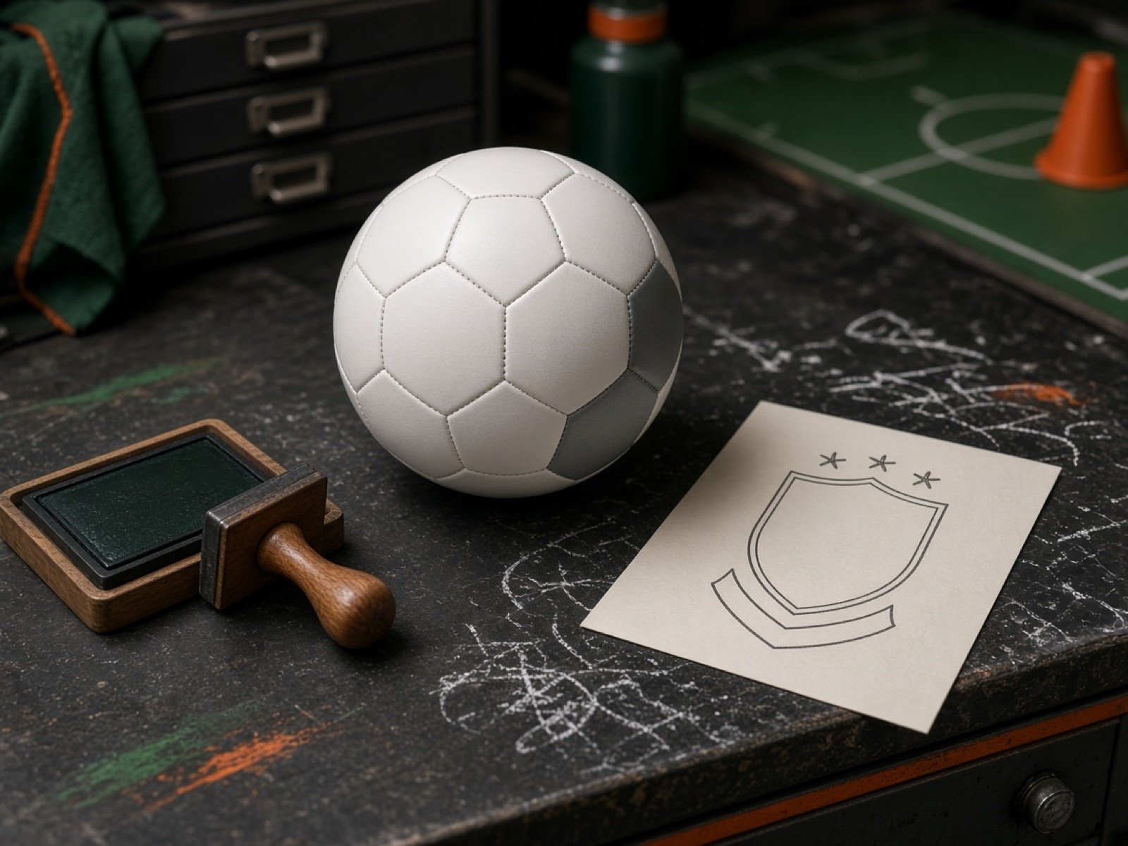 Soccer ball on a kit counter prepared for custom crest print